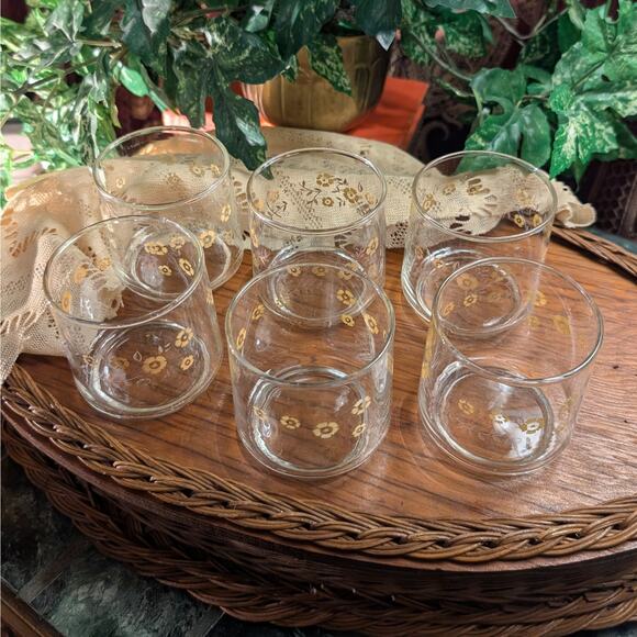 Set of 6 Vintage Bohemian Brown Floral Short Drinking Glasses-Termocrisa, Mexico - Picture 1 of 10